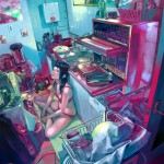 woman in lingerie sitting in cramped kitchen