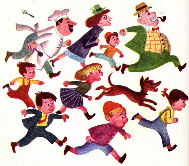 illustration from a children's book of several people and a dog running