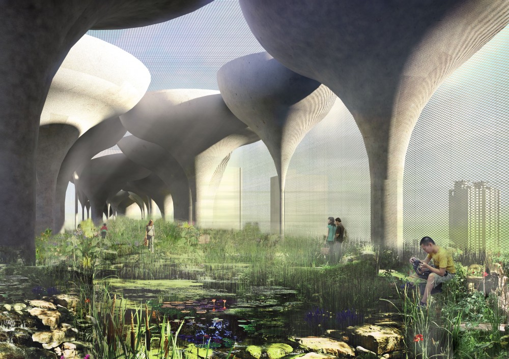 architectural rendering of a garden with giant upturned conical columns