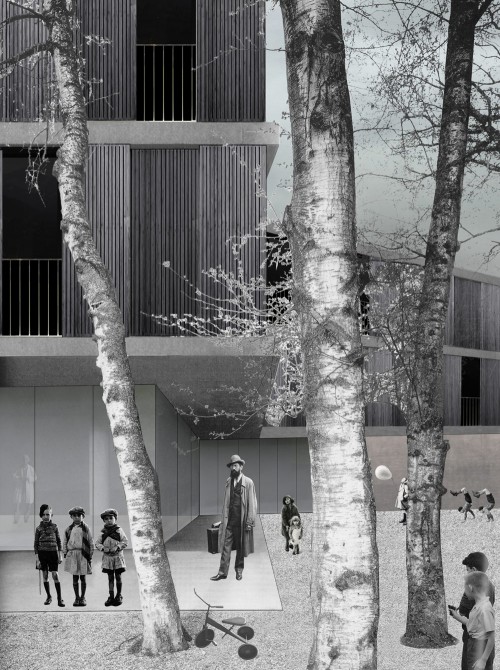 architectural rendering of a building's courtyard