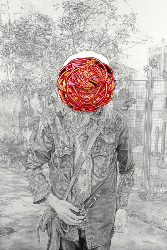 pencil drawing of a man in a leather jacket standing in a street with a surreal red shape over his face