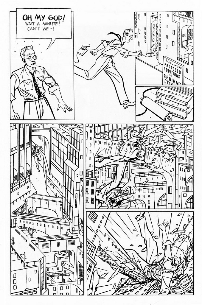 comic book page of a man running through a scale model of a city