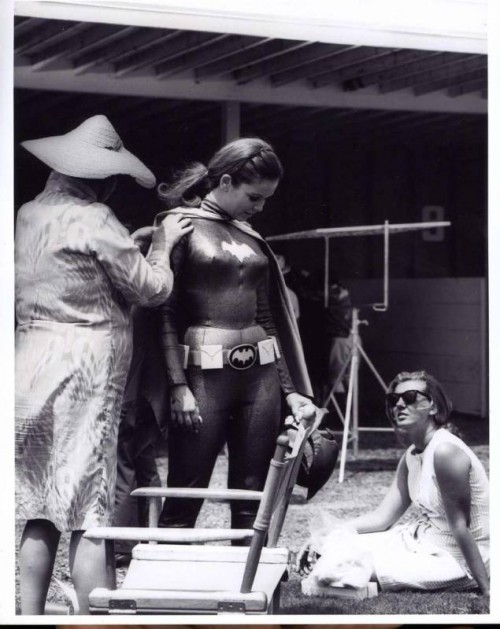 behind the scenes picture of a Batgirl stunt double on the 1960s Batman TV show