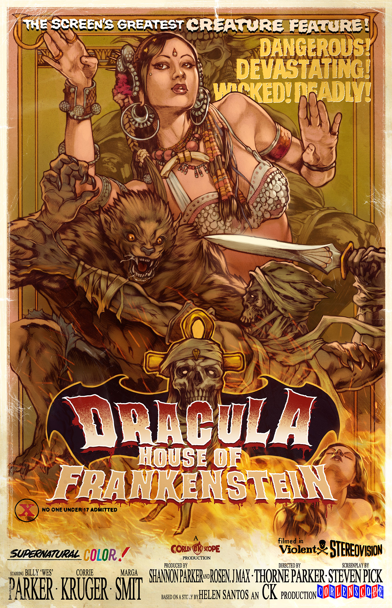 illustrated horror movie poster for dracula house of frankenstein