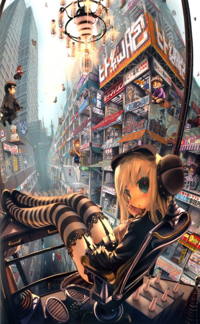 digital painting of an anime girl on a balcony overlooking a fantasy cityscape