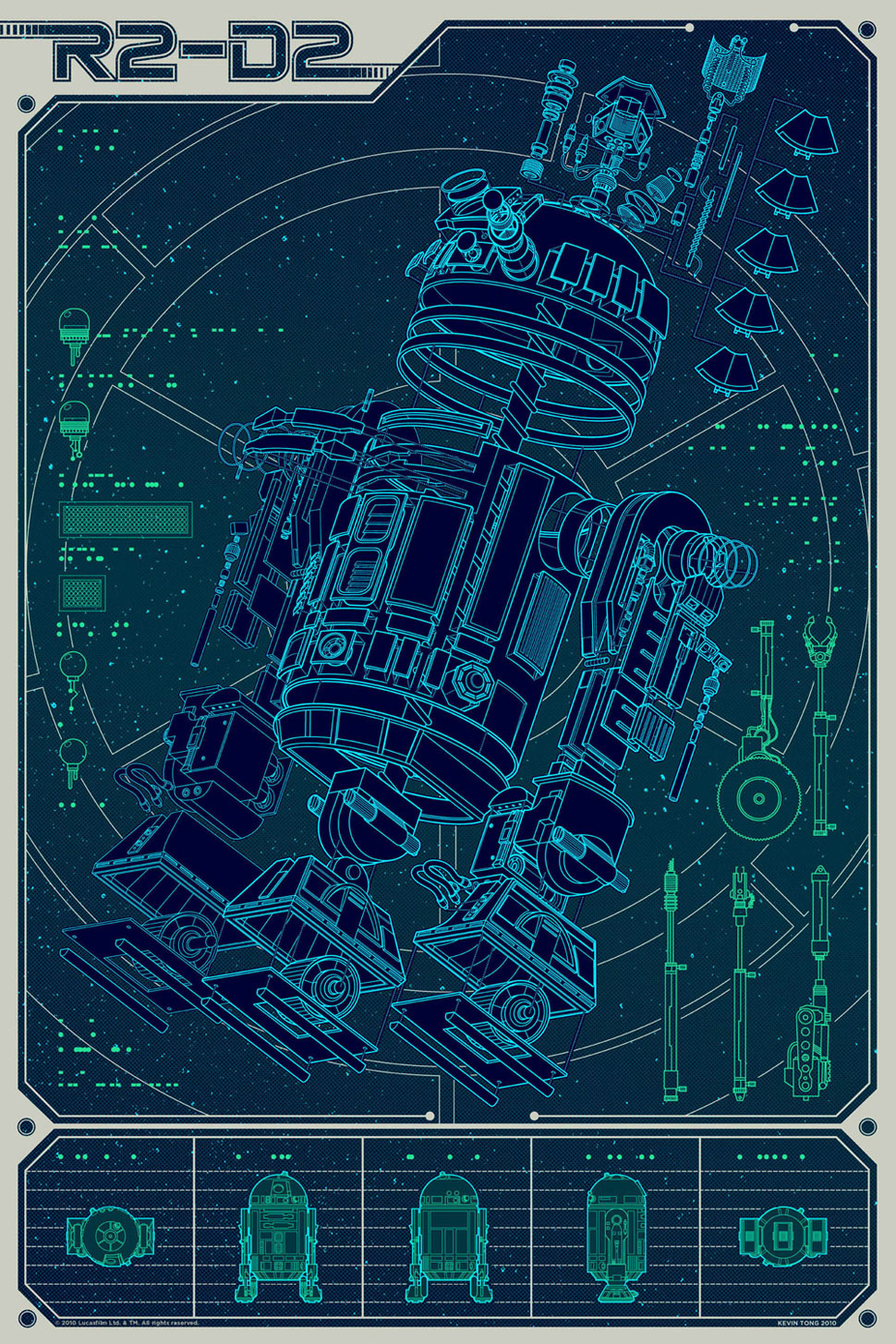 poster featuring an exploded view of parts for r2d2 from star wars