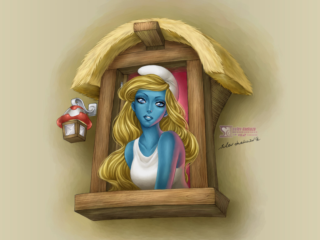 realistic digital painting of smurfette from the smurfs at a window