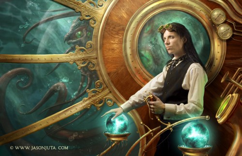 digital painting of a steampunk fantasy submarine captain and a sea monster