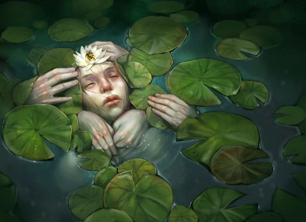 digital painting of a woman's face being pulled underwater in a pond