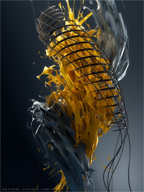 abstract 3d rendering of two fluids splashing together