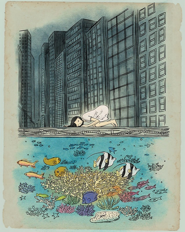 surreal illustration of a girl listening to a sea bed scene under a city street