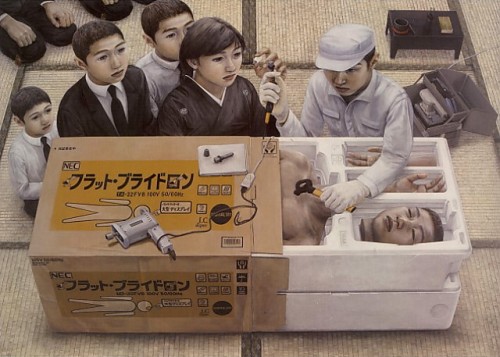 Surreal painting of people opening a large box with parts of a man in it