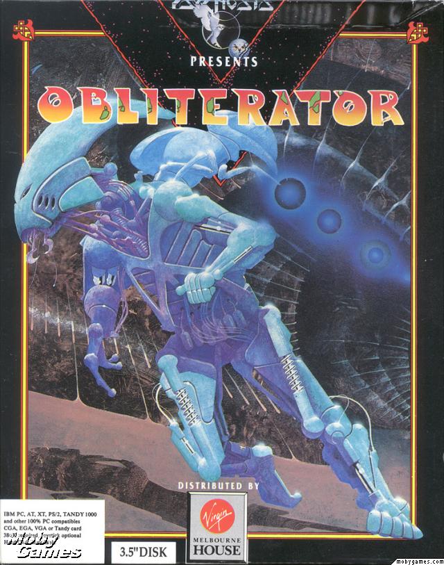 scifi illustration box cover of the game obliterator