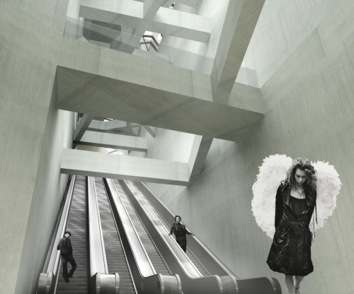 architectural rendering with escalator and black & white photo people