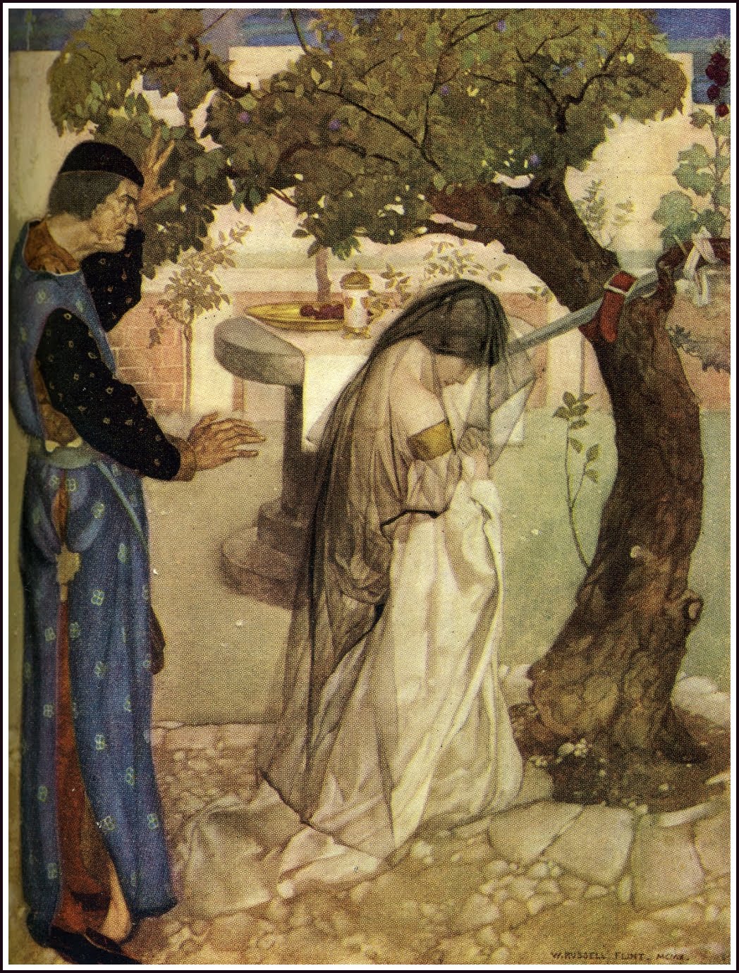 painting of a woman in a veil kneeling before a tree