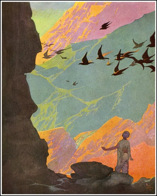 story book painting of a man looking at a flock of birds flying over mountains