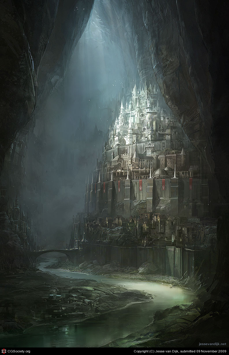 digital painting of an underground fantasy city
