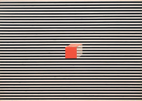 abstract graphic illustration of a red box on a striped background