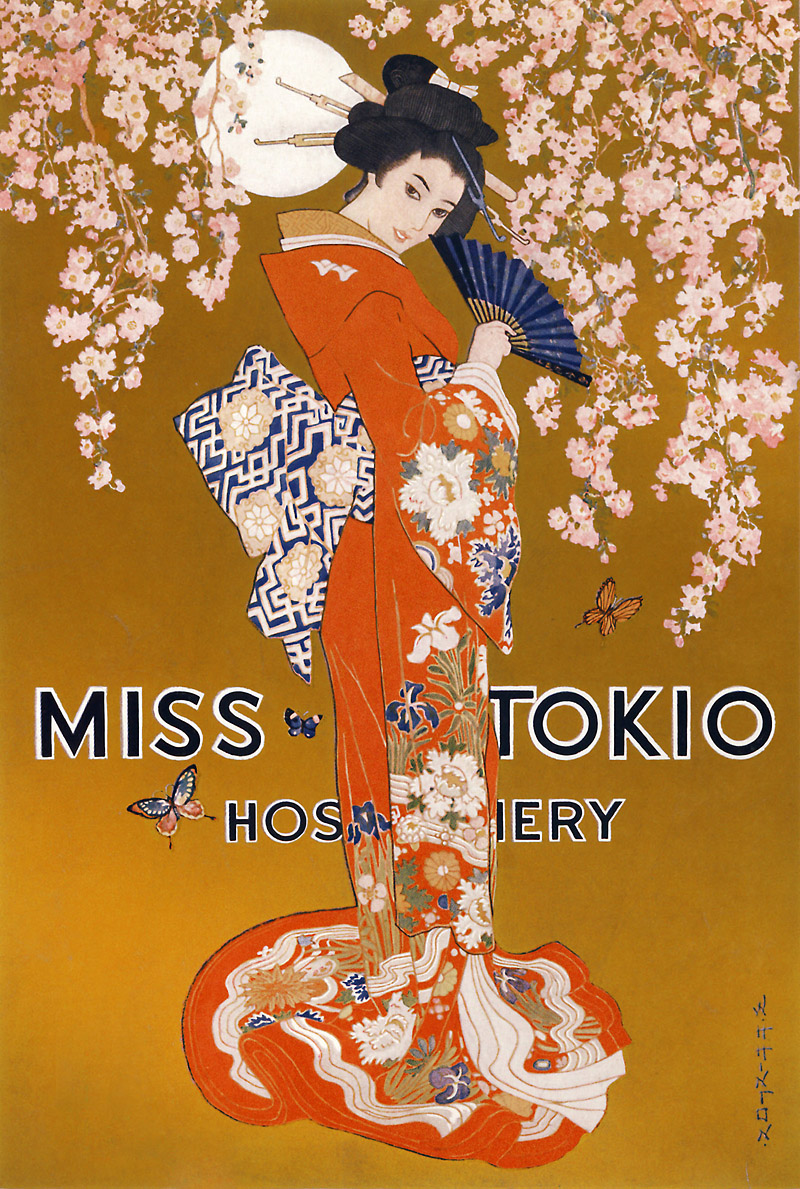vintage poster for Miss Tokio hosier featuring woman in a kimono