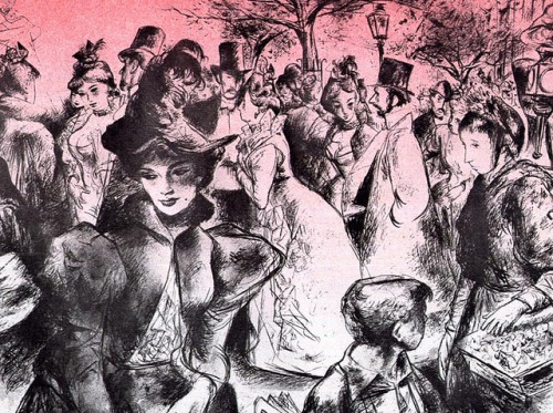 pencil illustration of a crowd of victorian era people in a street