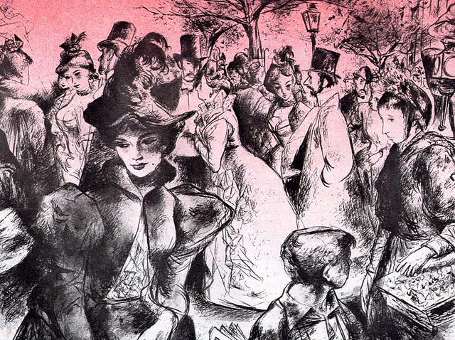 pencil illustration of a crowd of victorian era people in a street
