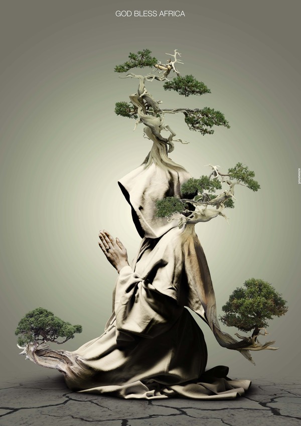 surreal illustration of praying monk with trees growing out of robes