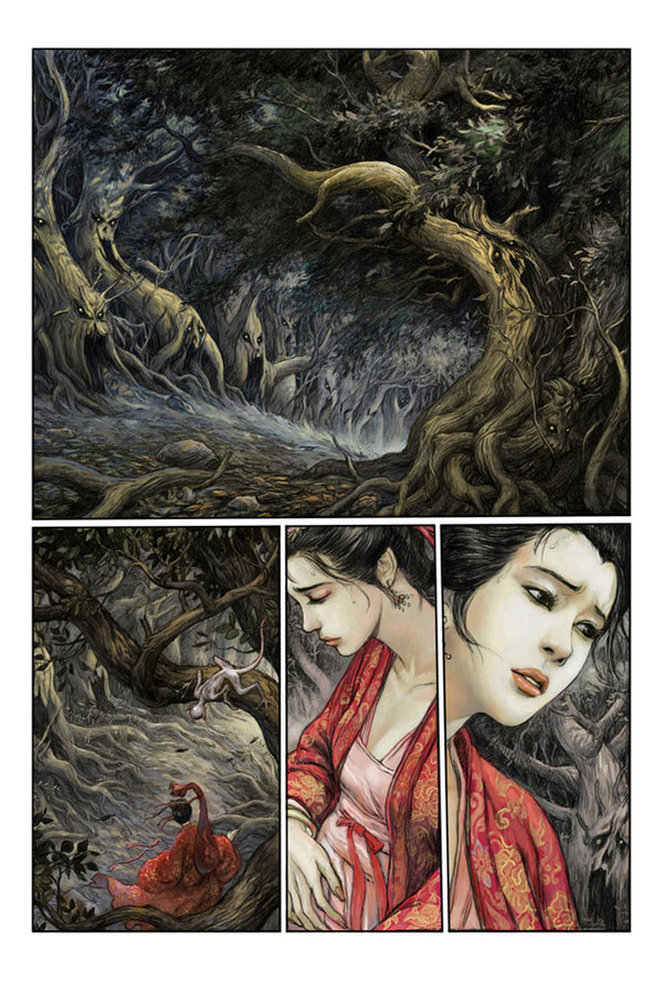 comic featuring a woman ina kimono in a dark forest