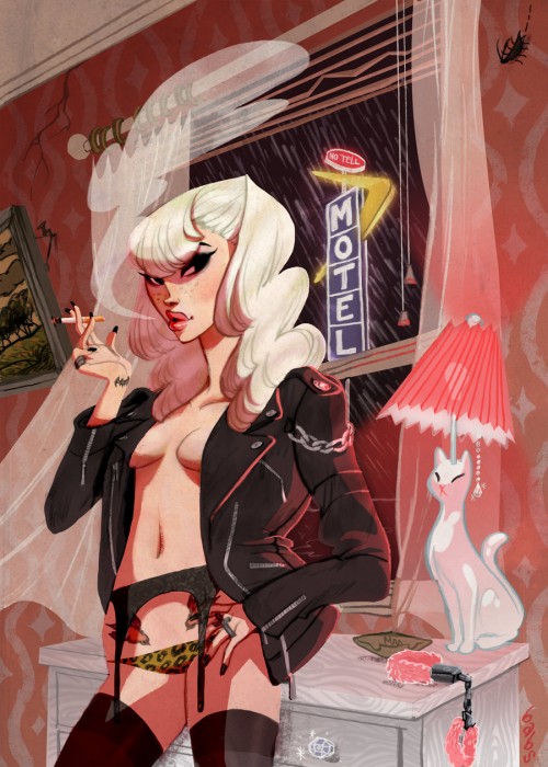 illustration of a blonde woman in a leather jacket smoking a cigarette