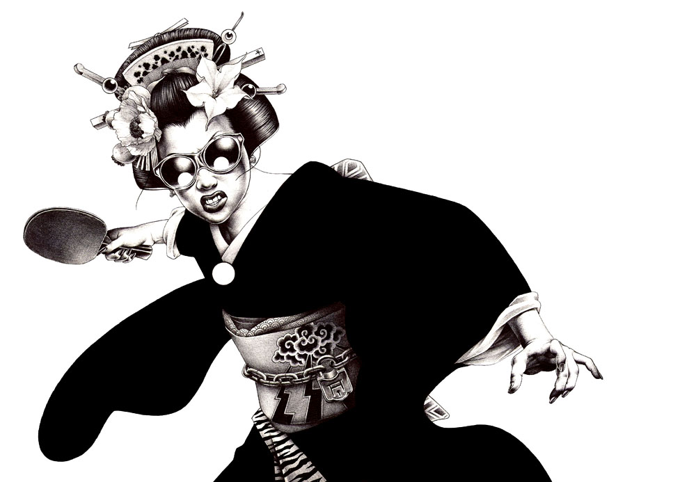 black & white illustration of a geisha with a sword wearing sunglasses