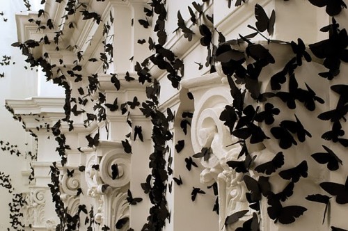 art installation of black paper butterflies on a white building