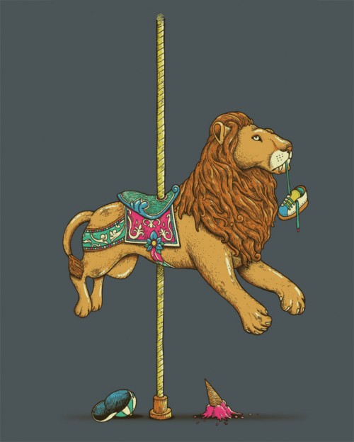 surreal illustration of a merry-go-round lion