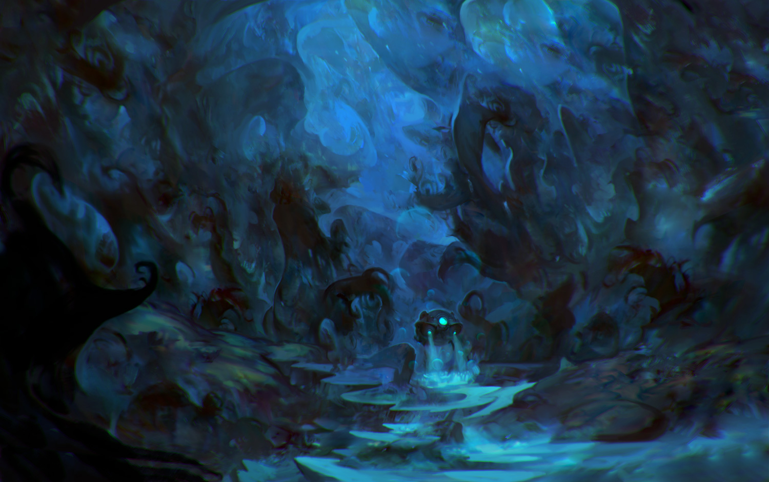 digital painting pf a submarine in an underwater cave