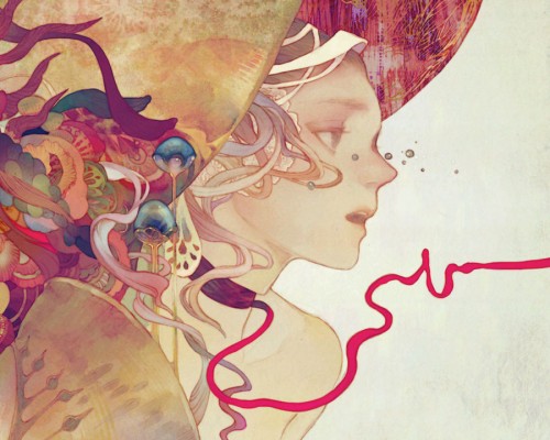 surreal illustration of a woman with ribbons of flesh, and mushrooms