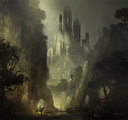 digital painting of a gloomy castle in a valley, and a man on horseback