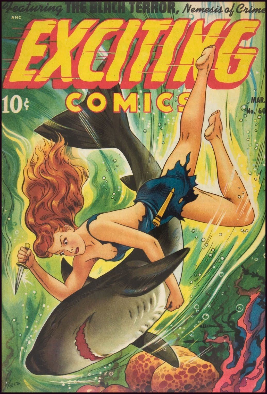 cover to Exciting Comics featuring a woman attacking a shark with a knife