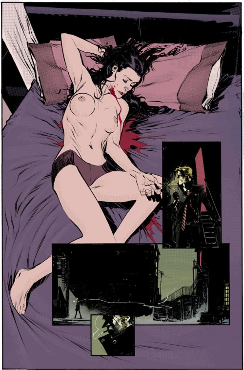 Page from a Hellblazer issue featuring a murdered topless woman