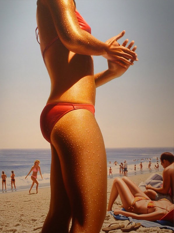 hyperrealistic painting of a woman's body in a bikini on a beach