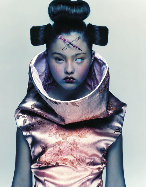 fashion photograph of Devon Aoki wearing a futuristic kimono