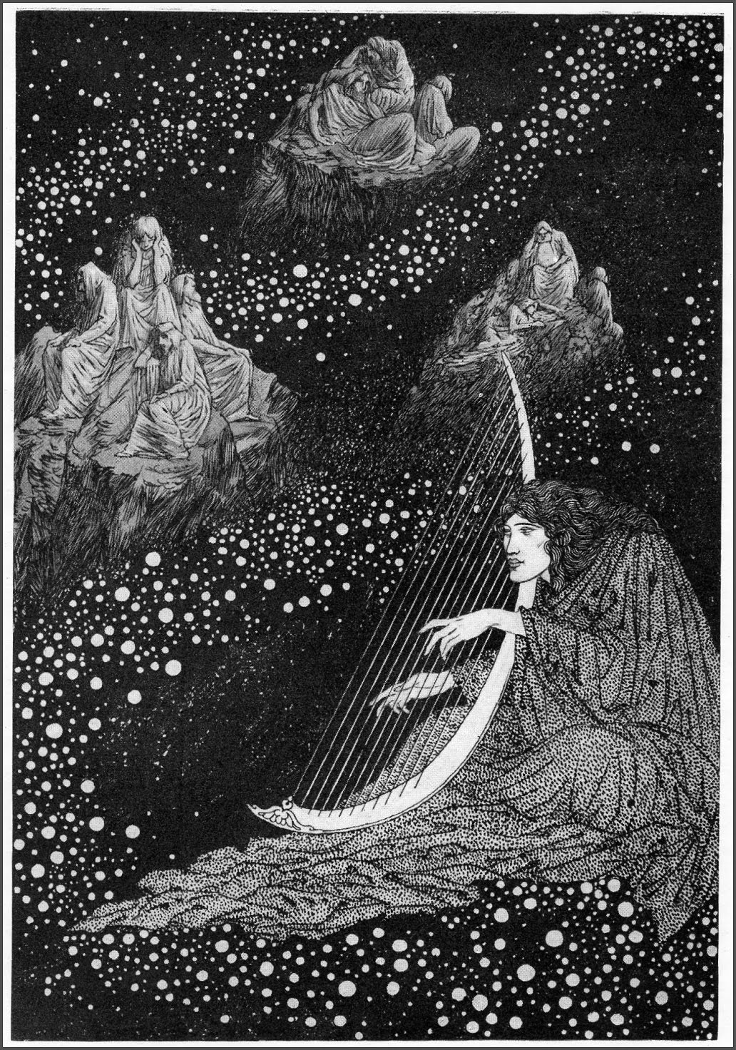 black & white illustration by sindey sime of a man in a starfield playing a harp
