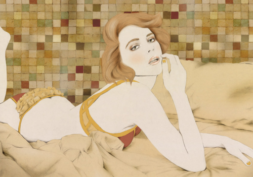 illustration of a woman on a bed before a tiled wall