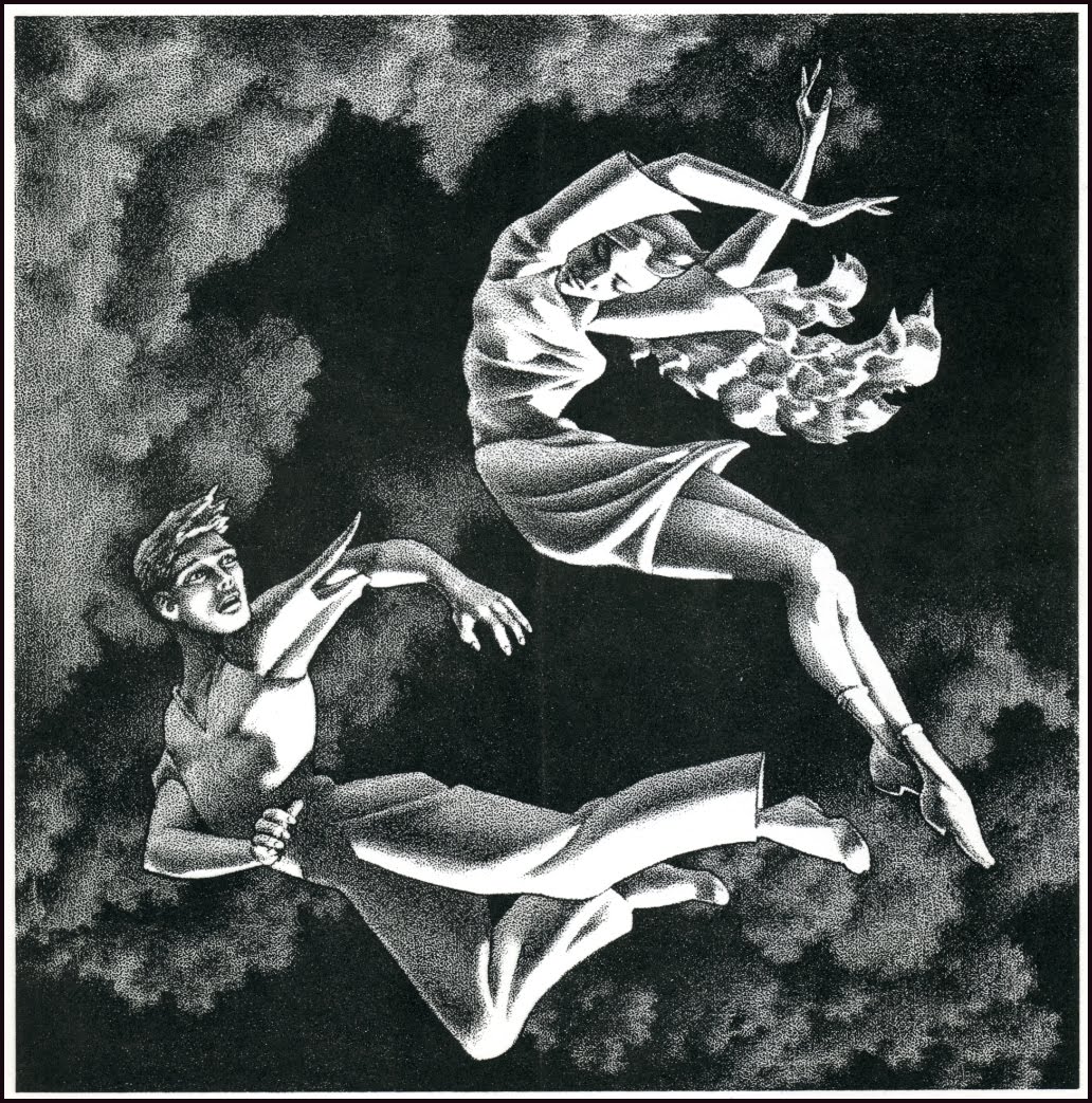 black & white illustration of two figures flying through clouds
