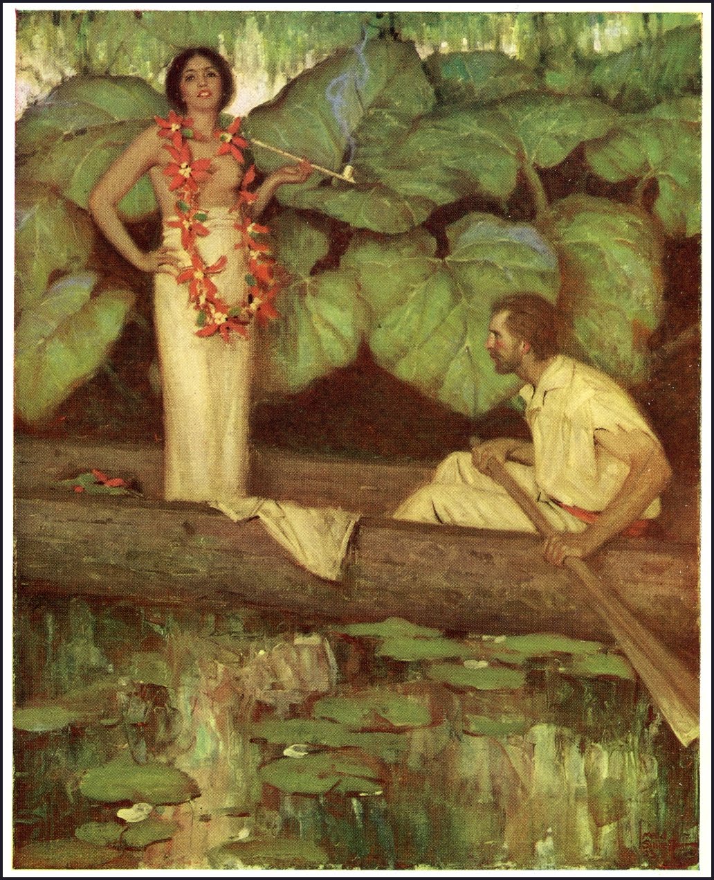 story illustration of a polynesian woman in a canoe with a man rowing