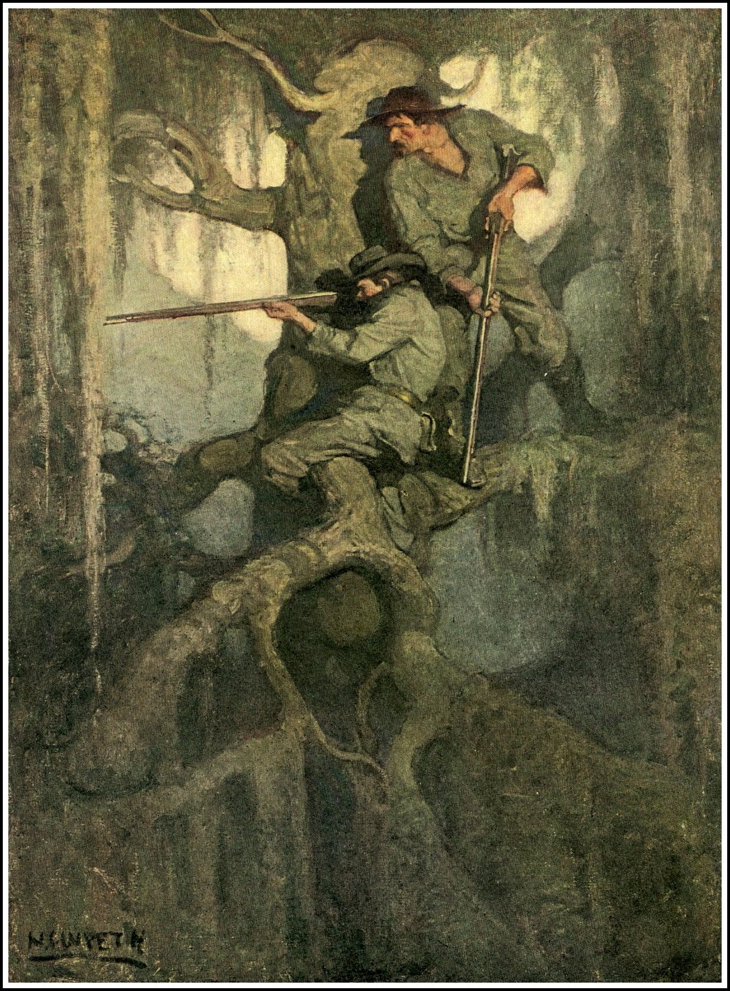 painting by nc wyeth of two sharpshooters hiding in a tree