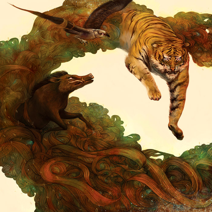 painting of several animals including a leaping tiger