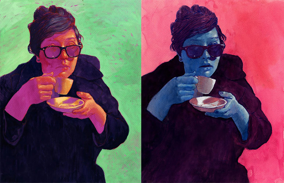 diptych illustration of woman drinking from a teacup