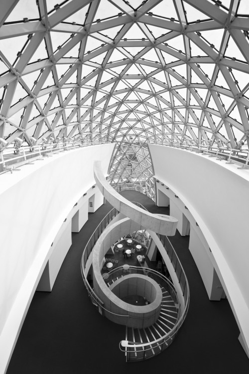 black & white picture of staircase from Dali museum