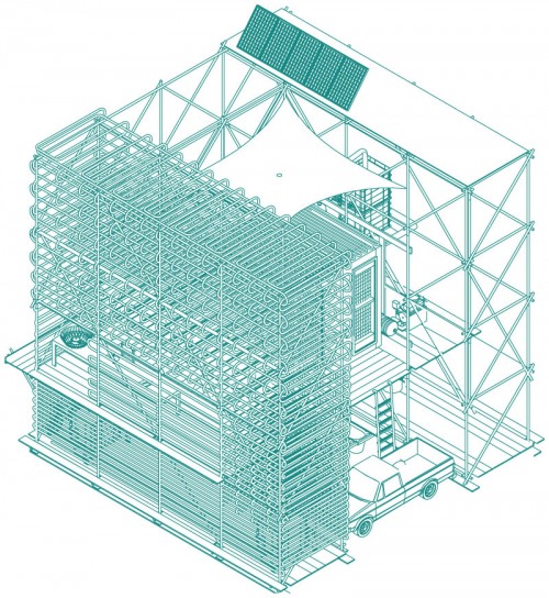 isometric graphic illustration of pipework building