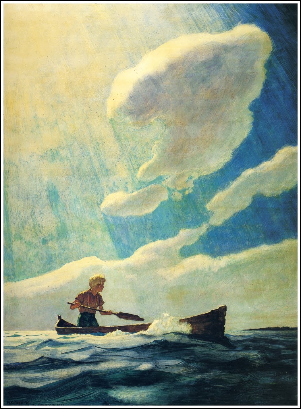 illustration of a boy in a boat on a calm sea with a cloudy sunny sky