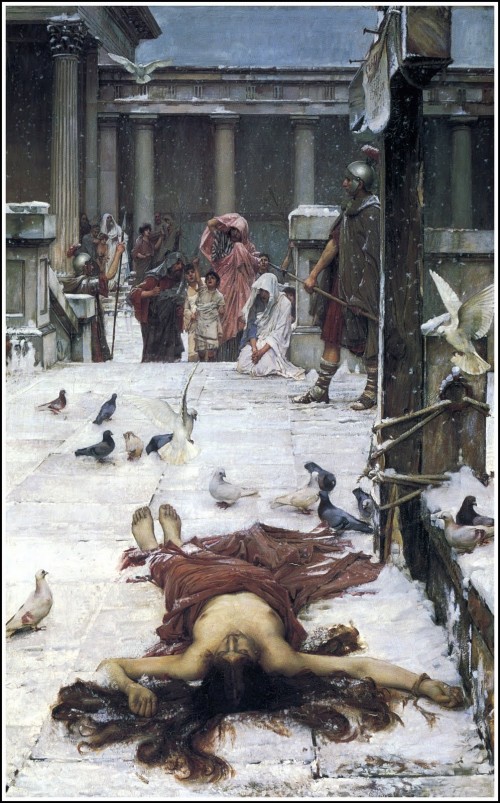 painting by waterhouse of a roman woman's body lying in a treet surrounded by pigeons