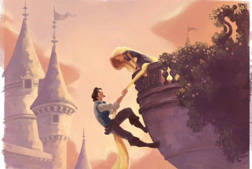 Rapunzel's hair hangs from a balcony, climbed by her admirer, with turrets in the background in Tangled concept art